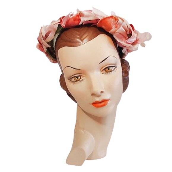 1940s Vintage Green Tilt Style Hat With Large Pink Flowers And Green Leaves main image 2